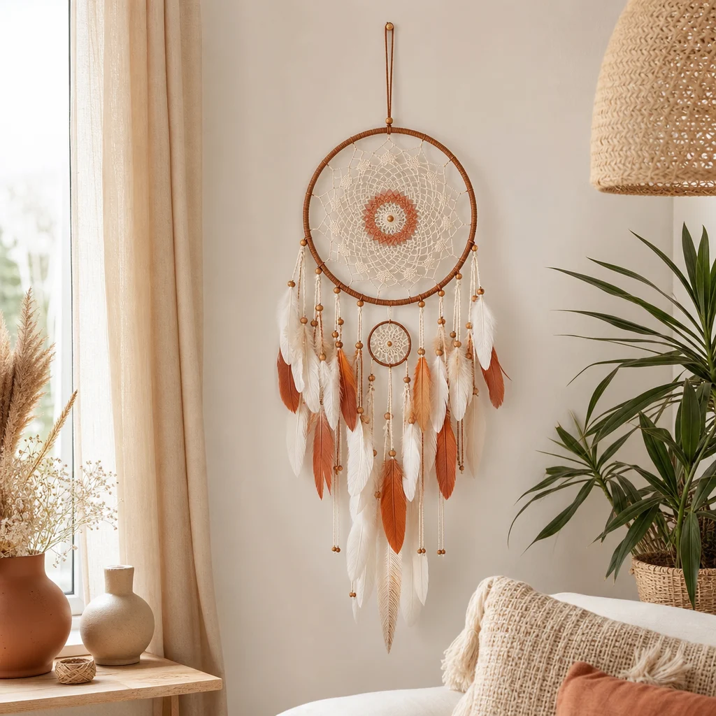 Traumfänger an einer hellen Wand in einem boho-inspirierten Wohnraum
