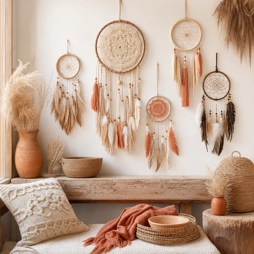 Mehrere Dreamcatcher in einem boho-eingerichteten Raum – traumfänger