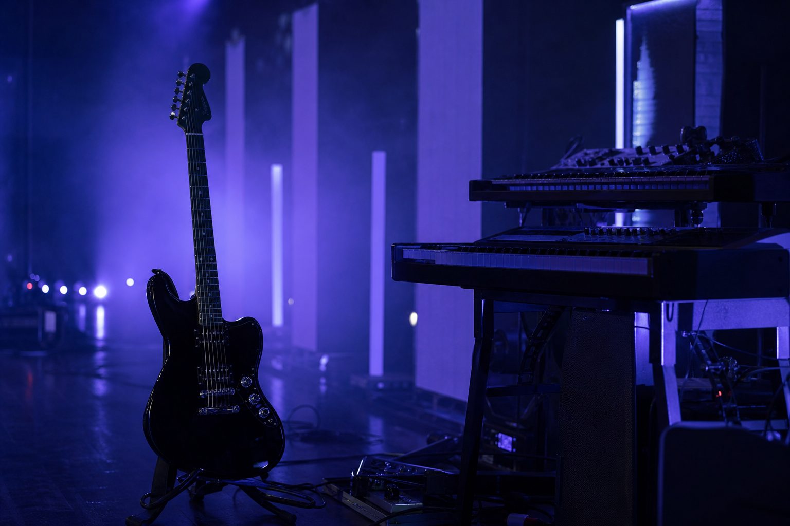 Elektrische Gitarre neben elektronischen Tasten in dunkler Bühnenbeleuchtung