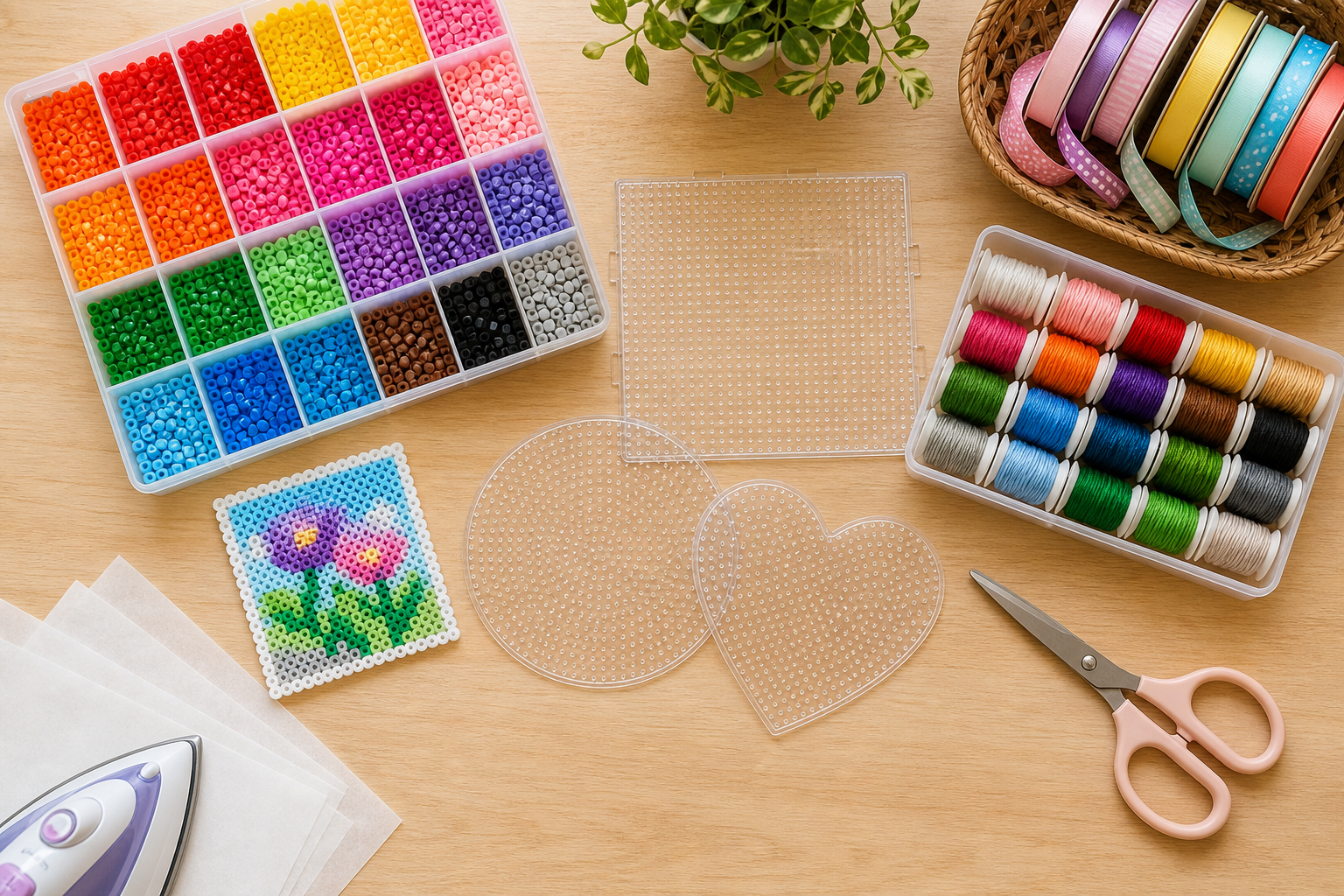 Bügelperlen, Steckplatten, Bügelpapier, Garn und Schere auf einem Basteltisch