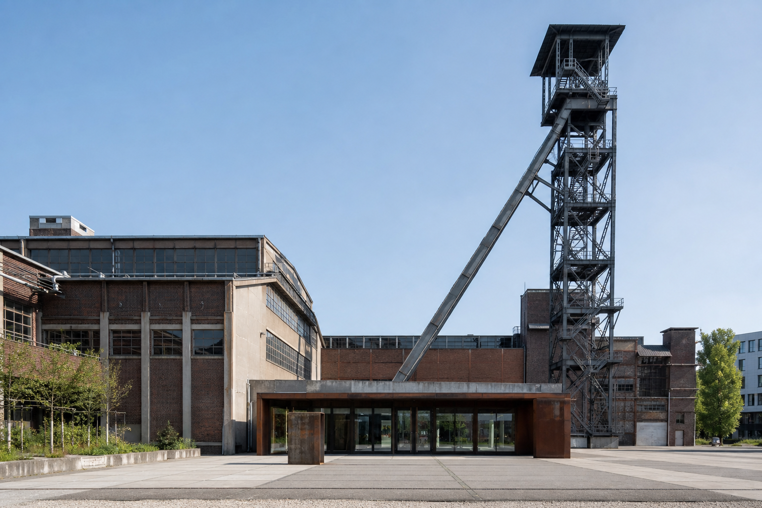Industriearchitektur mit Backstein, Beton und einem Förderturm im Außenbereich