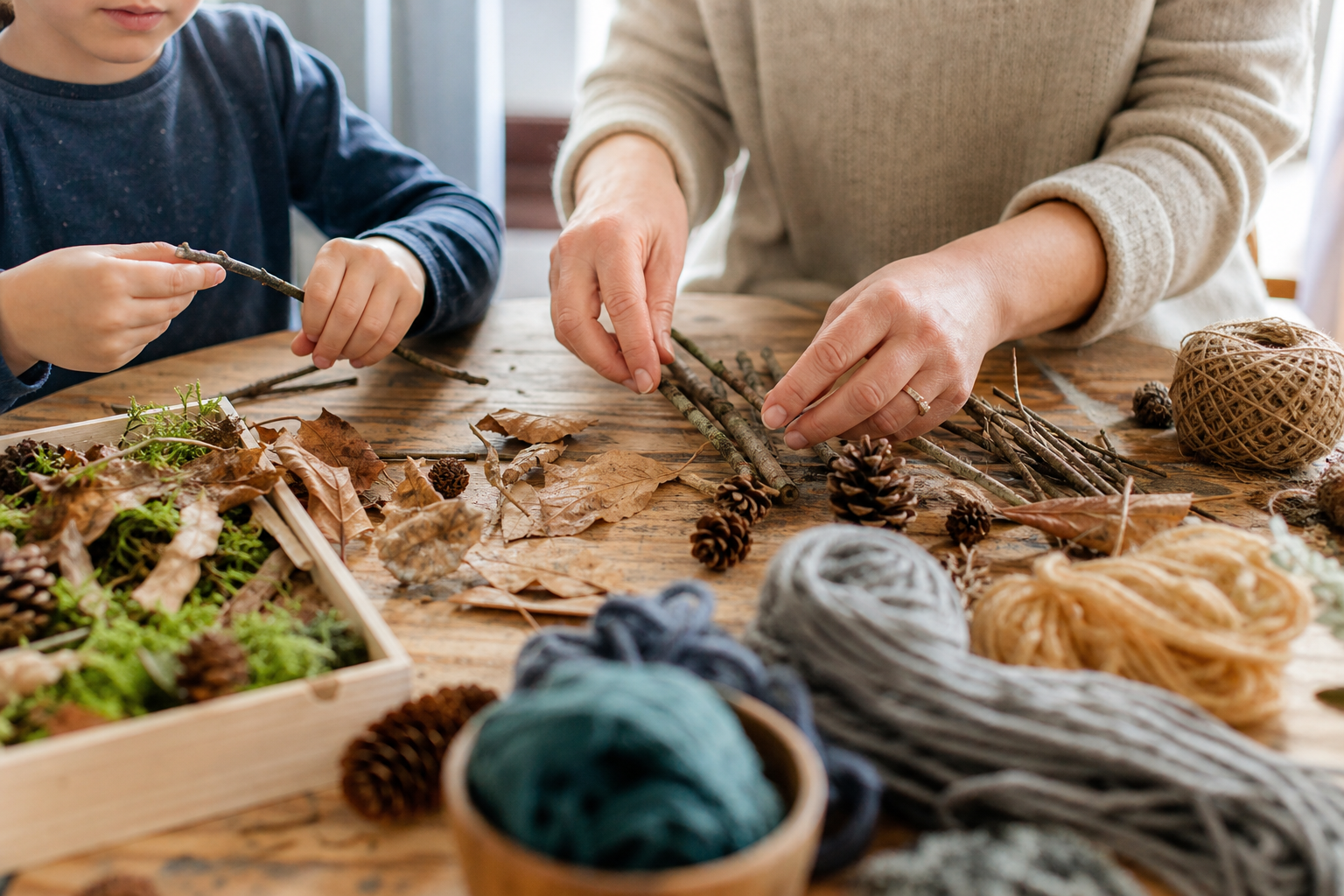 Familie legt Äste, Wolle und trockene Naturfundstücke für einen Traumfänger auf einem Tisch aus
