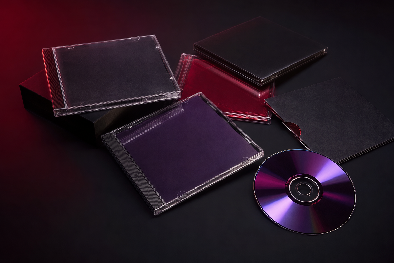 Mehrere unbeschriftete Tonträgerhüllen und eine Compact Disc auf dunkler Oberfläche