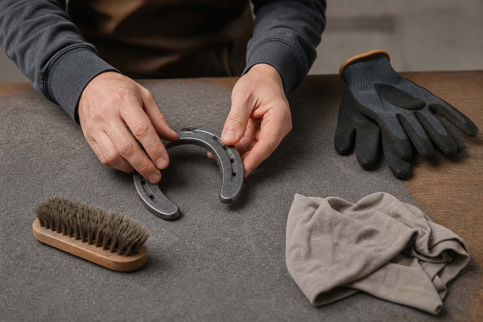 Hufeisen, Bürste, Tuch und Schutzhandschuhe liegen bei der Vorbereitung auf einer Arbeitsfläche