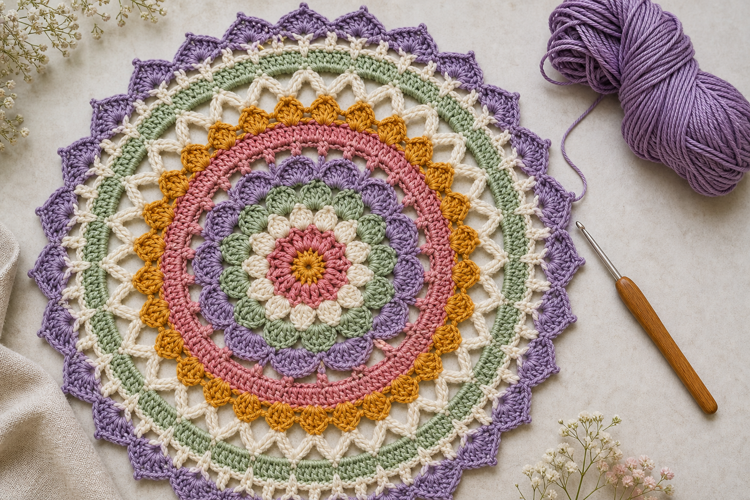Nahaufnahme eines teilweise gehäkelten runden Mandalas mit mehreren farbigen Runden